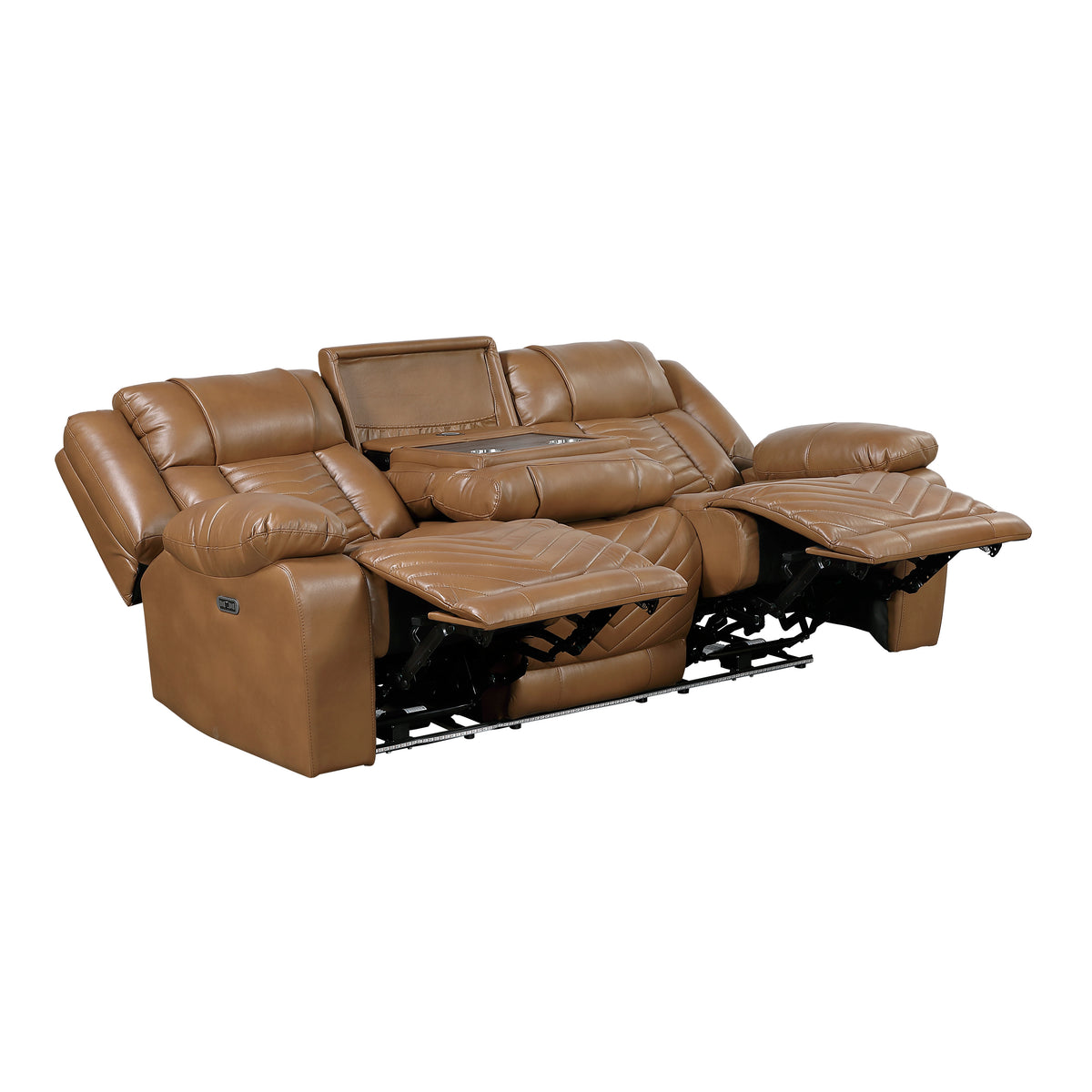 Overlook Caramel Brown Powered Reclining Sofa & Loveseat With Bluetooth