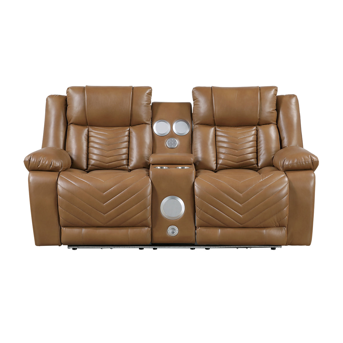 Overlook Caramel Brown Powered Reclining Sofa & Loveseat With Bluetooth
