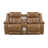 Overlook Caramel Brown Powered Reclining Sofa & Loveseat With Bluetooth
