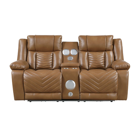 Overlook Caramel Brown Powered Reclining Sofa & Loveseat With Bluetooth