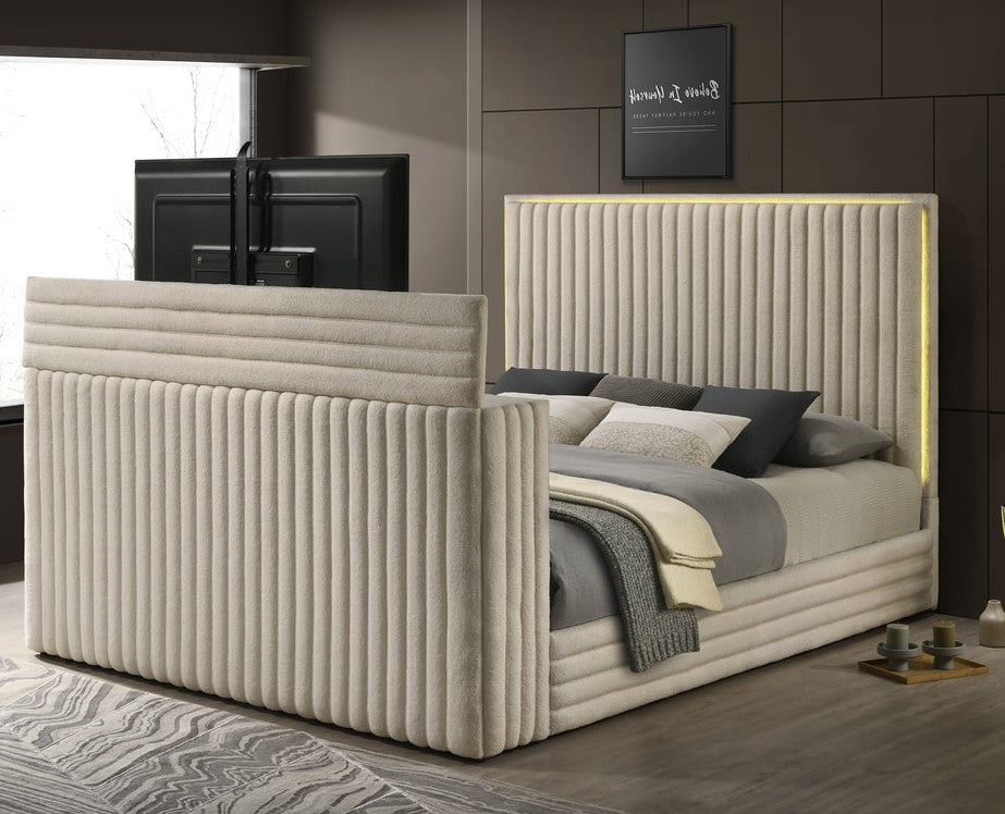 PAULIN LED Off-White Platform Bed with Fireplace and Lift-Up TV Mount