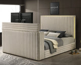 PAULIN LED Off-White Platform Bed with Fireplace and Lift-Up TV Mount