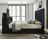 PAULIN LED Black Platform Bed with Fireplace and Lift-Up TV Mount