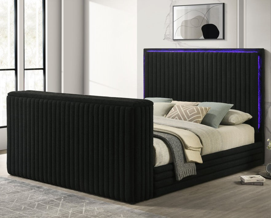 PAULIN LED Black Platform Bed with Fireplace and Lift-Up TV Mount