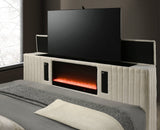 PAULIN LED Off-White Platform Bed with Fireplace and Lift-Up TV Mount