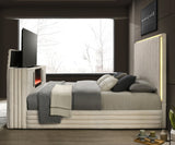 PAULIN LED Off-White Platform Bed with Fireplace and Lift-Up TV Mount