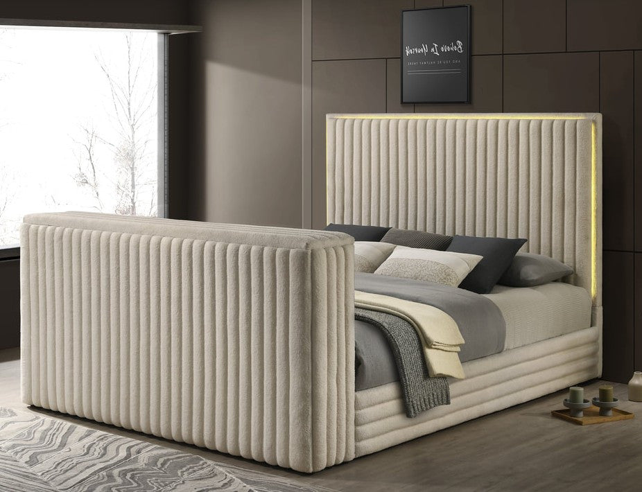 PAULIN LED Off-White Platform Bed with Fireplace and Lift-Up TV Mount