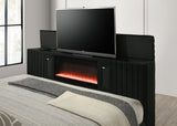 PAULIN LED Black Platform Bed with Fireplace and Lift-Up TV Mount