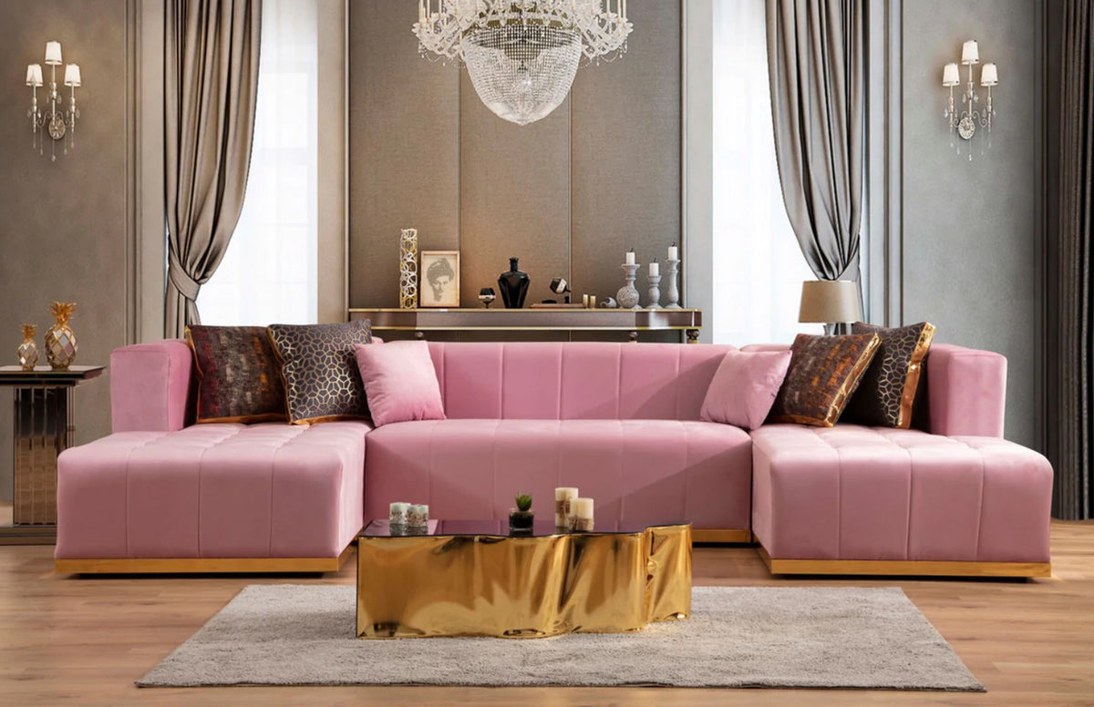 CLEMENCE Pink Velvet 138" Wide Double Chaise Sectional