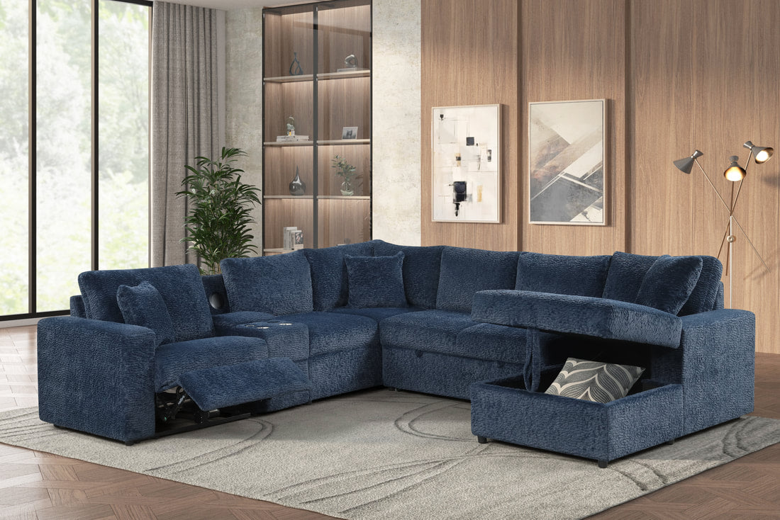 REUNION Navy Blue 121" x 112" Reclining Sectional with Pull-Out Sleeper & Storage