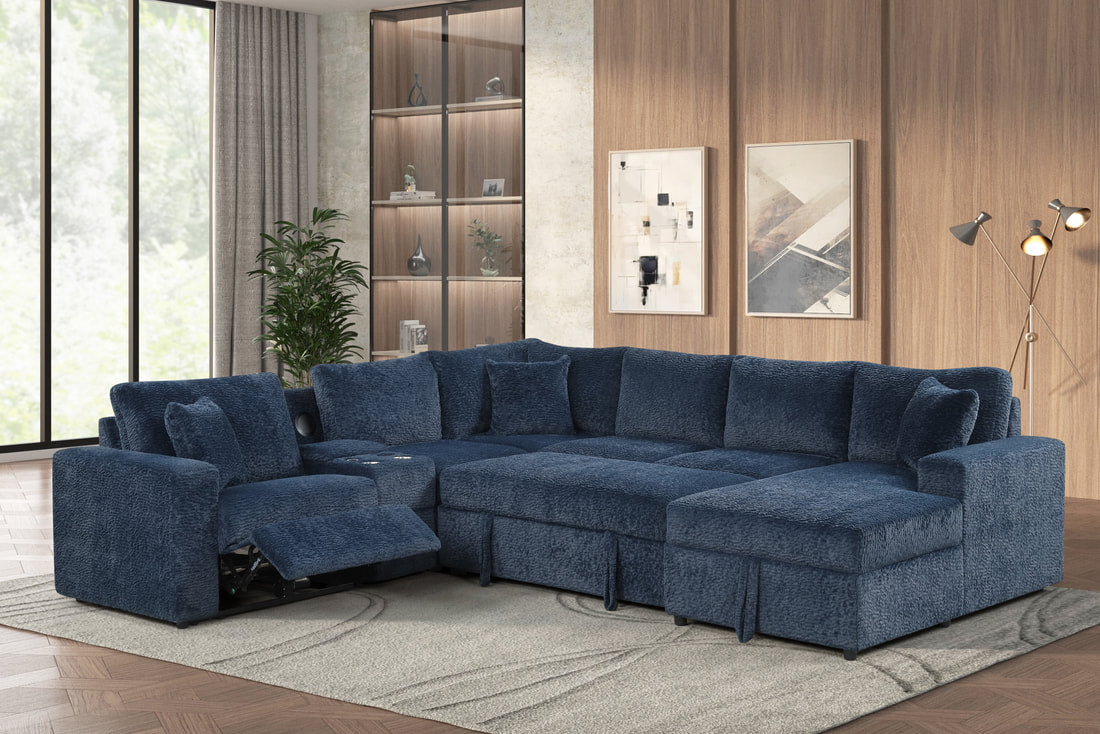 REUNION Navy Blue 121" x 112" Reclining Sectional with Pull-Out Sleeper & Storage