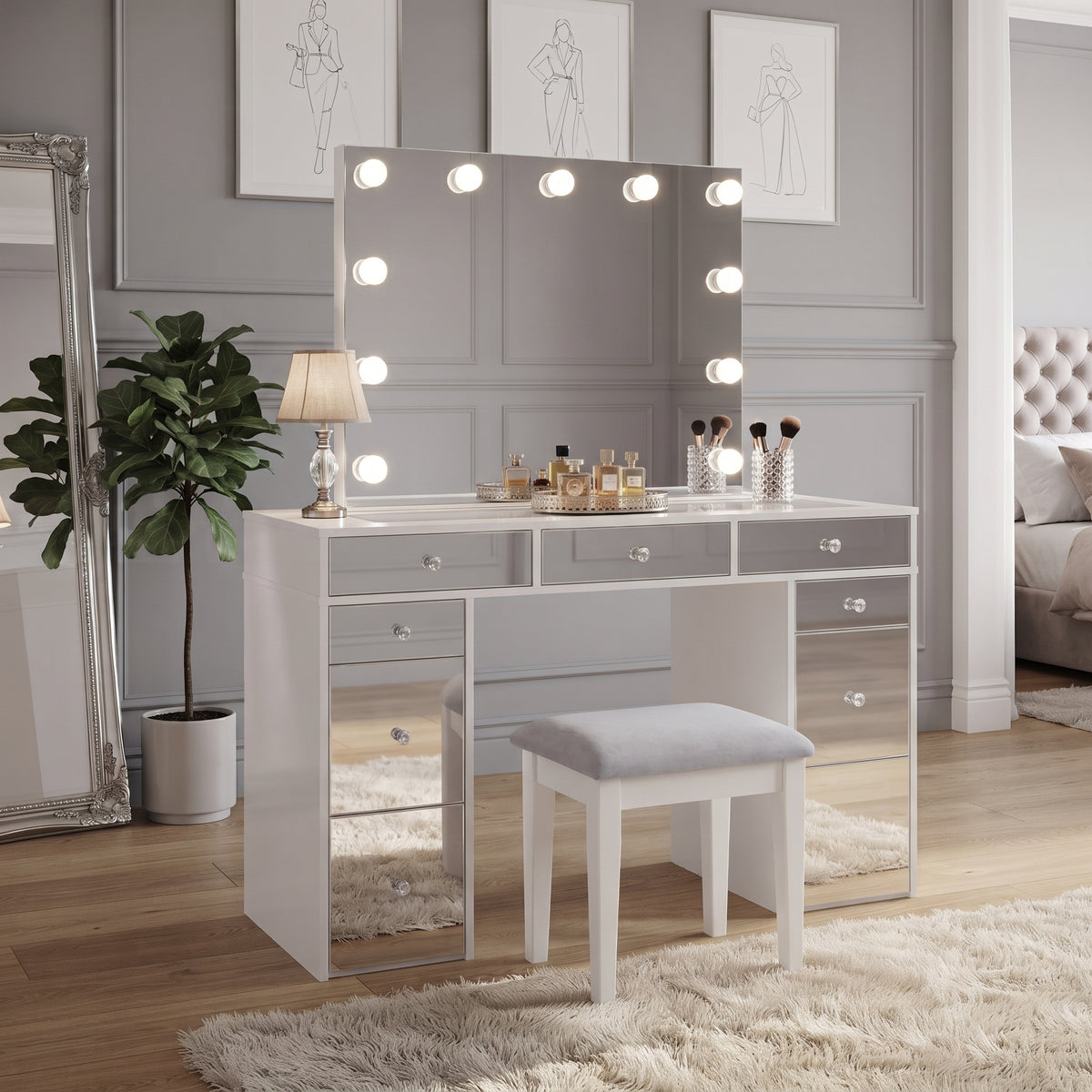Starlit White Mirrored 48" Vanity Table Set With Stool