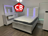 LEACREST White Storage Bedroom Set with LED's, Mirror Accents, and Hidden Drawers